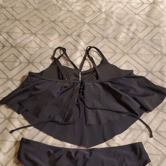 Black Two-Piece Swimsuit, Wireless Flounce Bikini Top Matching Bottom - Picture 3 of 6